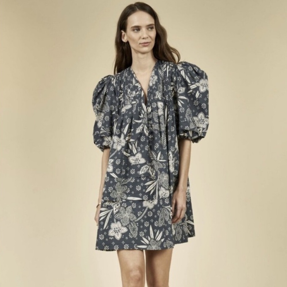 HUNTER BELL jerkins printed floral tunic dress mini L boho cotton beautiful - Picture 3 of 9